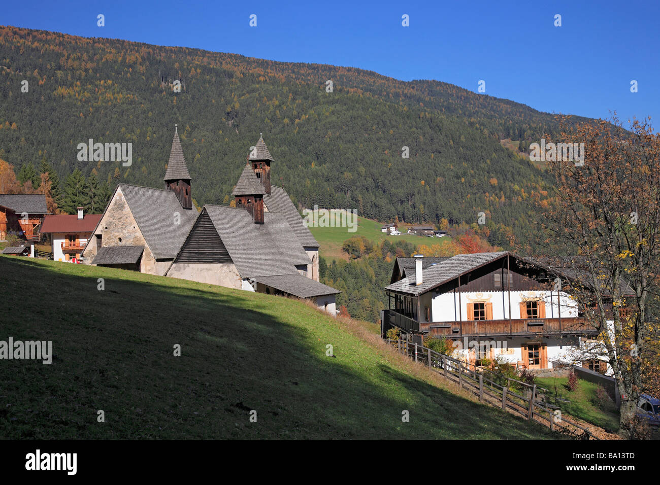 Village and churches of Bad Dreikirchen Tre Chiese Trentino Italy Stock Photo