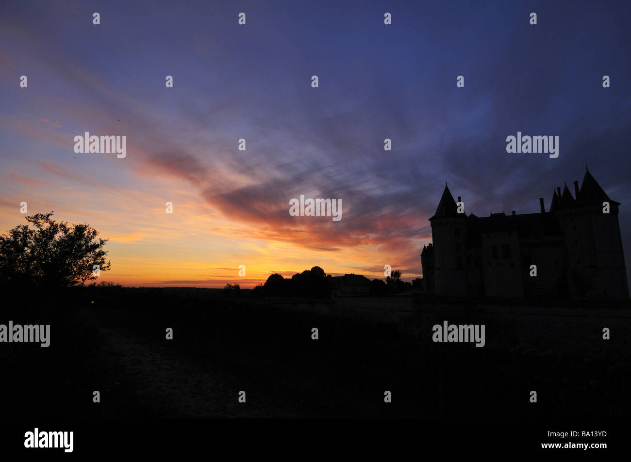 Sunset over Saumur castle, France. Stock Photo