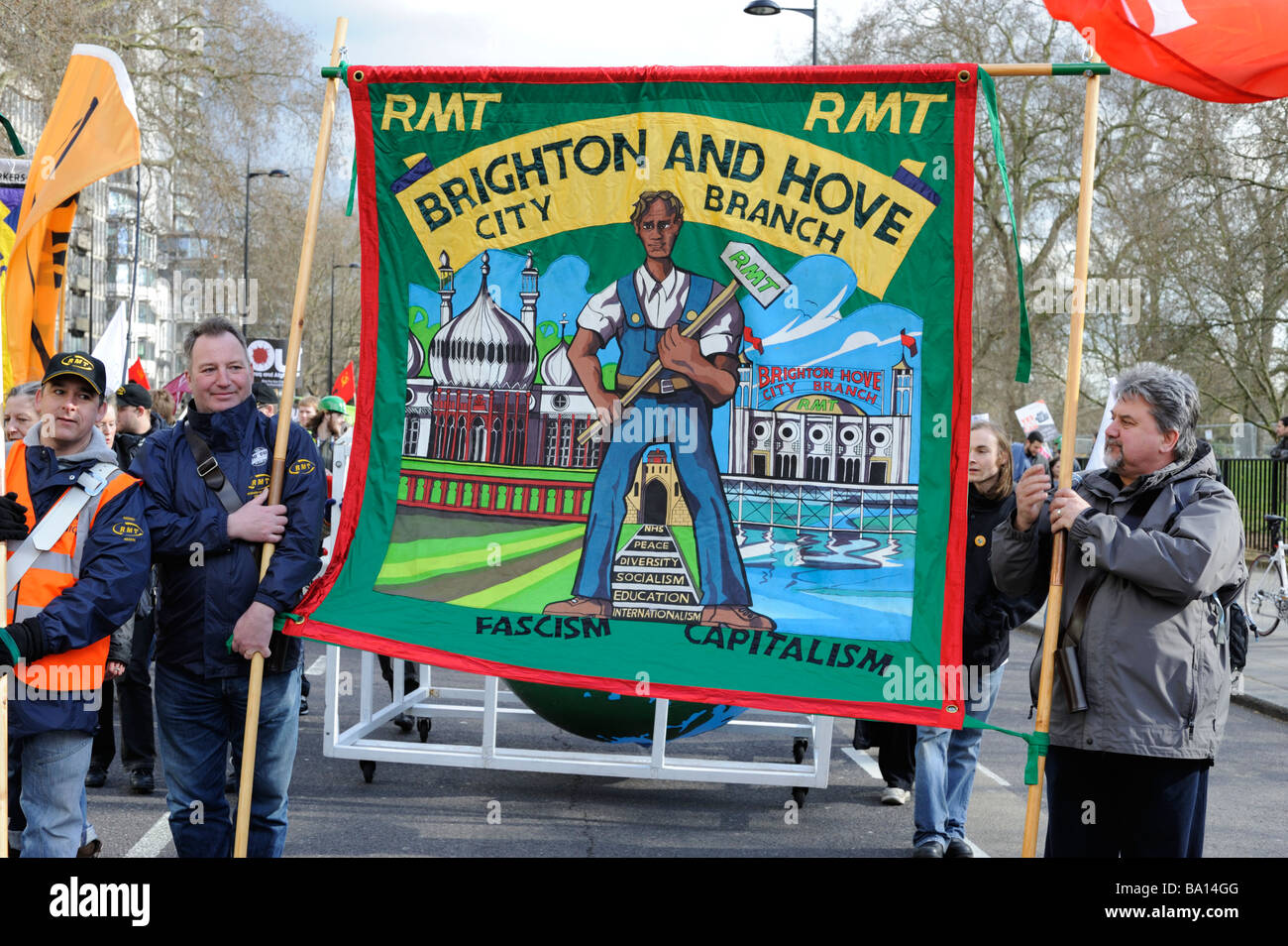 RMT union banner on the G20 Put People First protest march,28th March 2009 Stock Photo