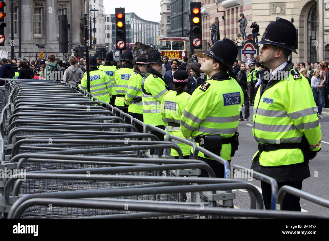 Police officers at the G20 protests in London Stock Photo