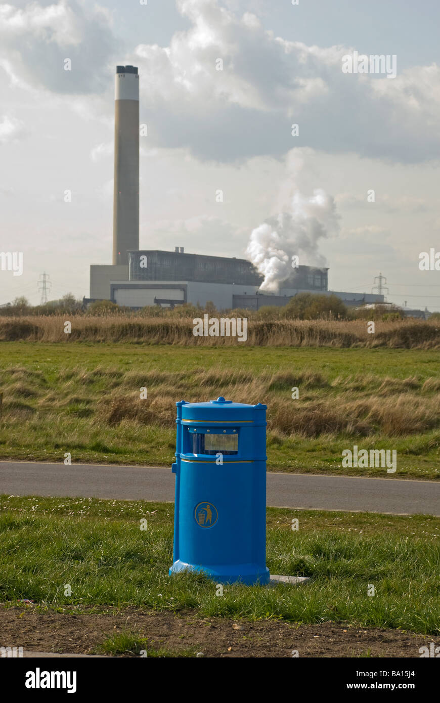 waste bin infront of calshot power station,southampton. Stock Photo