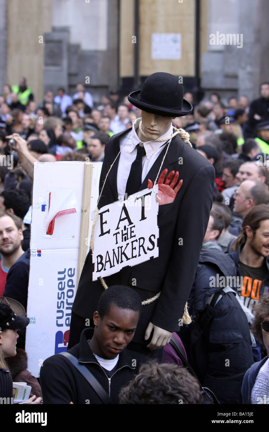 An effigy of a banker at the G20 protests in London Stock Photo