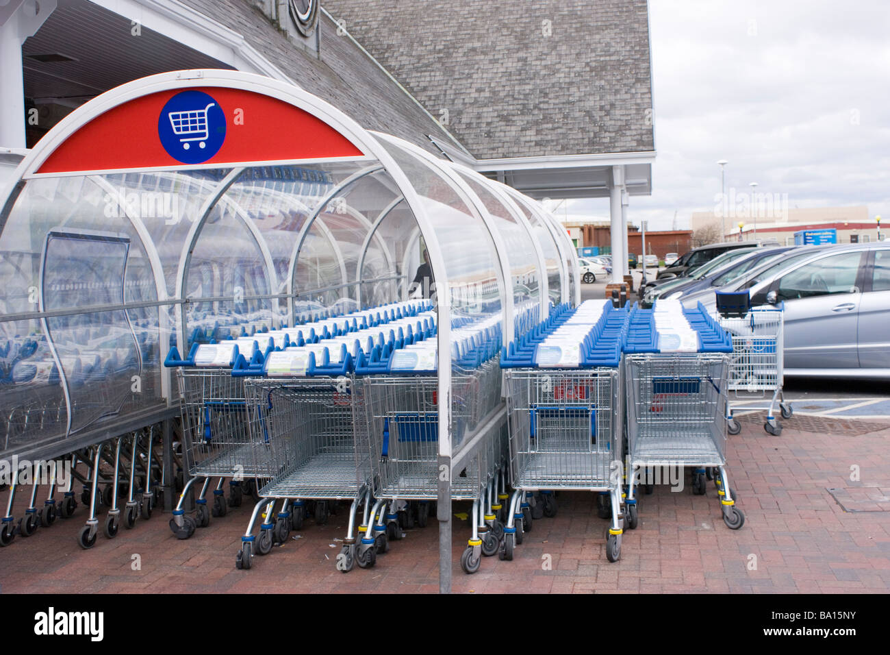 Tesco supermarket trollies Blackpool Stock Photo Alamy