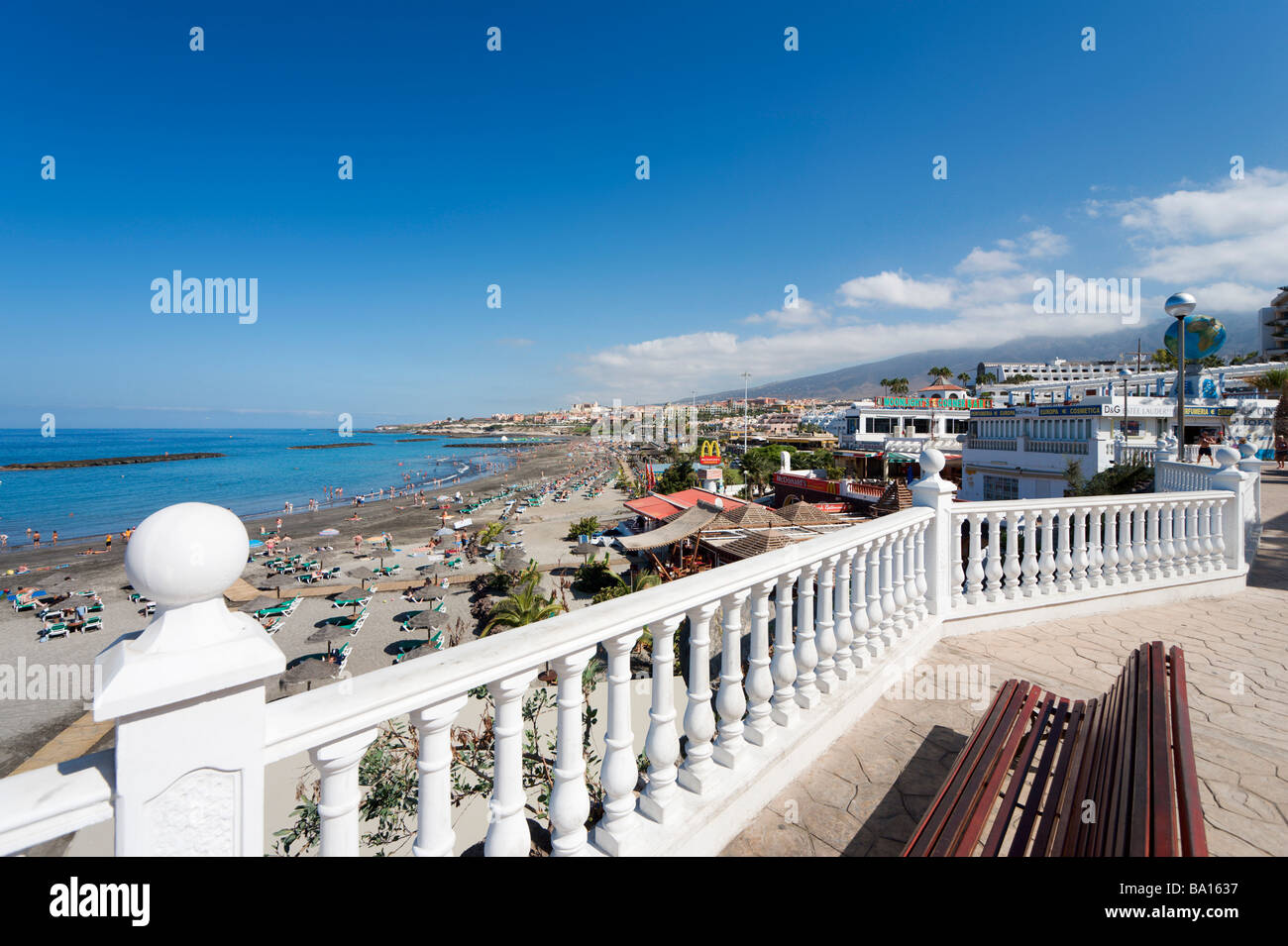 Beach and Promenade, Playa Torviscas, Costa Adeje, Playa de las Americas, Tenerife, Canary Islands, Spain Stock Photo
