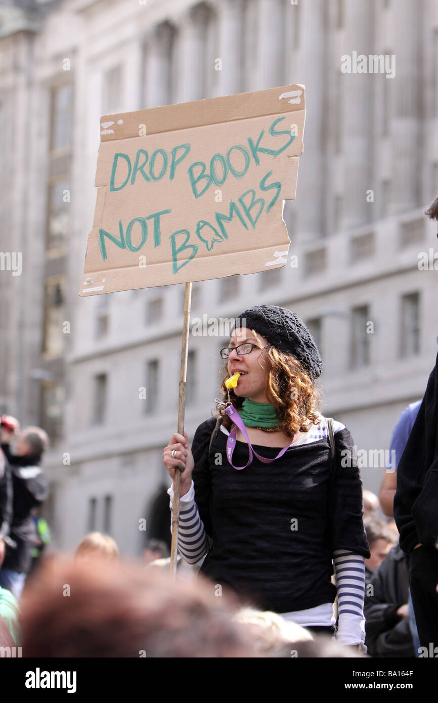 A femal protestor at the G20 protests in London Stock Photo