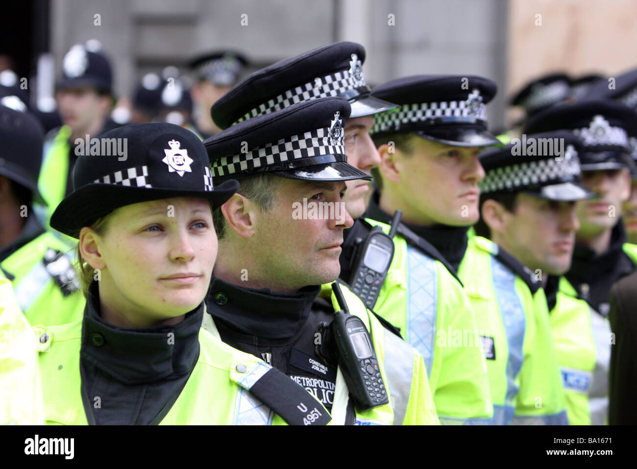 A line of police officers at the G20 protests in London Stock Photo