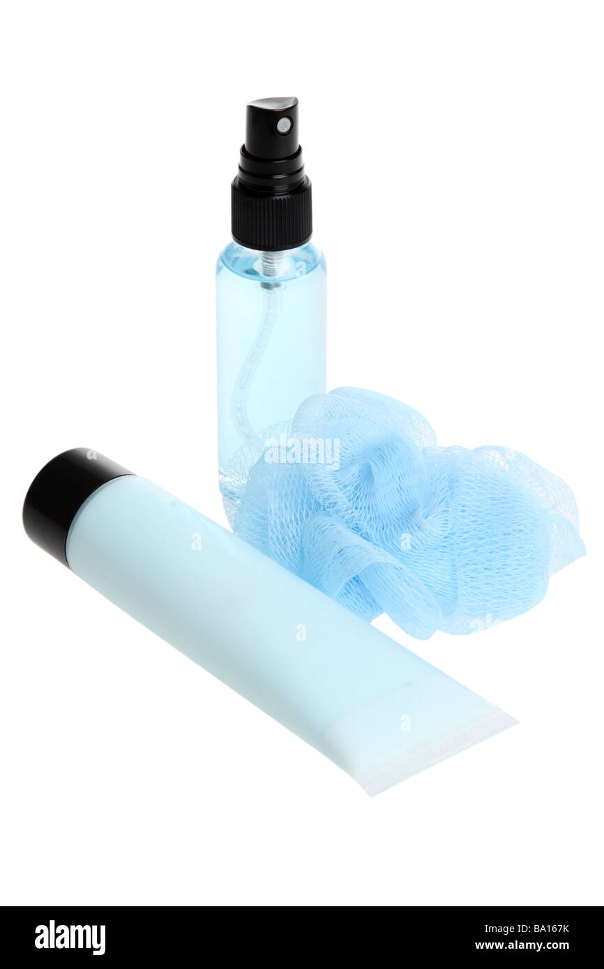 Bath and Beauty products on white background Stock Photo