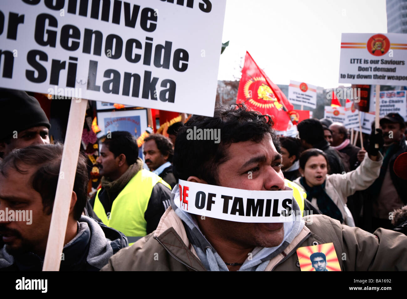 Tamil tiger demonstration in Geneva in front of UN palace during last day of Sri Lanka war Stock Photo