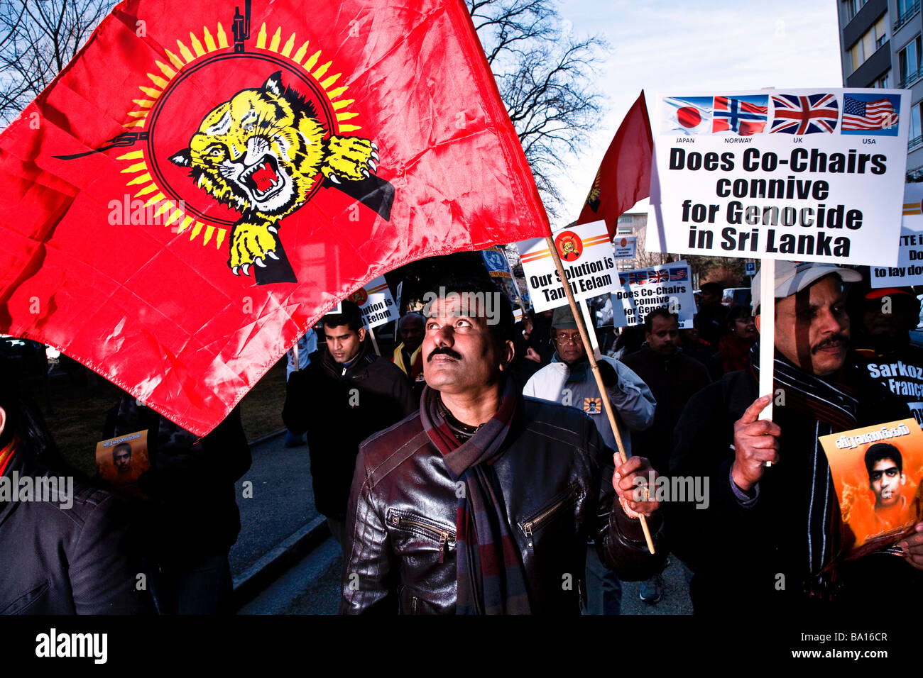 Tamil tiger demonstration in Geneva in front of UN palace during last day of Sri Lanka war Stock Photo