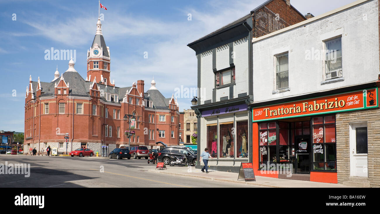 Stratford City Hall. The old red brick city hall and some of the shop fronts around in downtown Stratford. Stock Photo