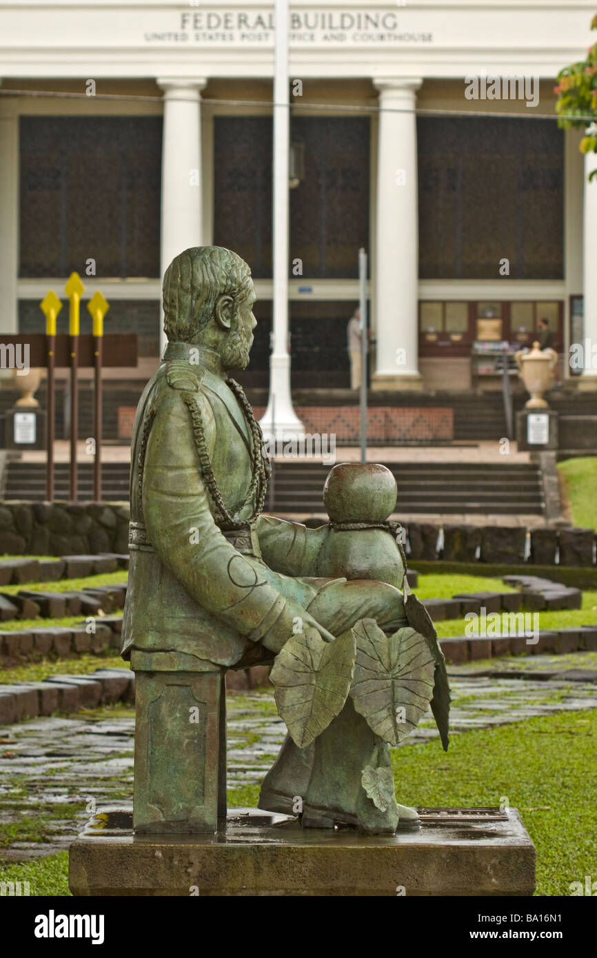 The statue of King David Kalakaua, the last king of Hawaii - Hilo, Big Island, Hawaii, USA Stock Photo