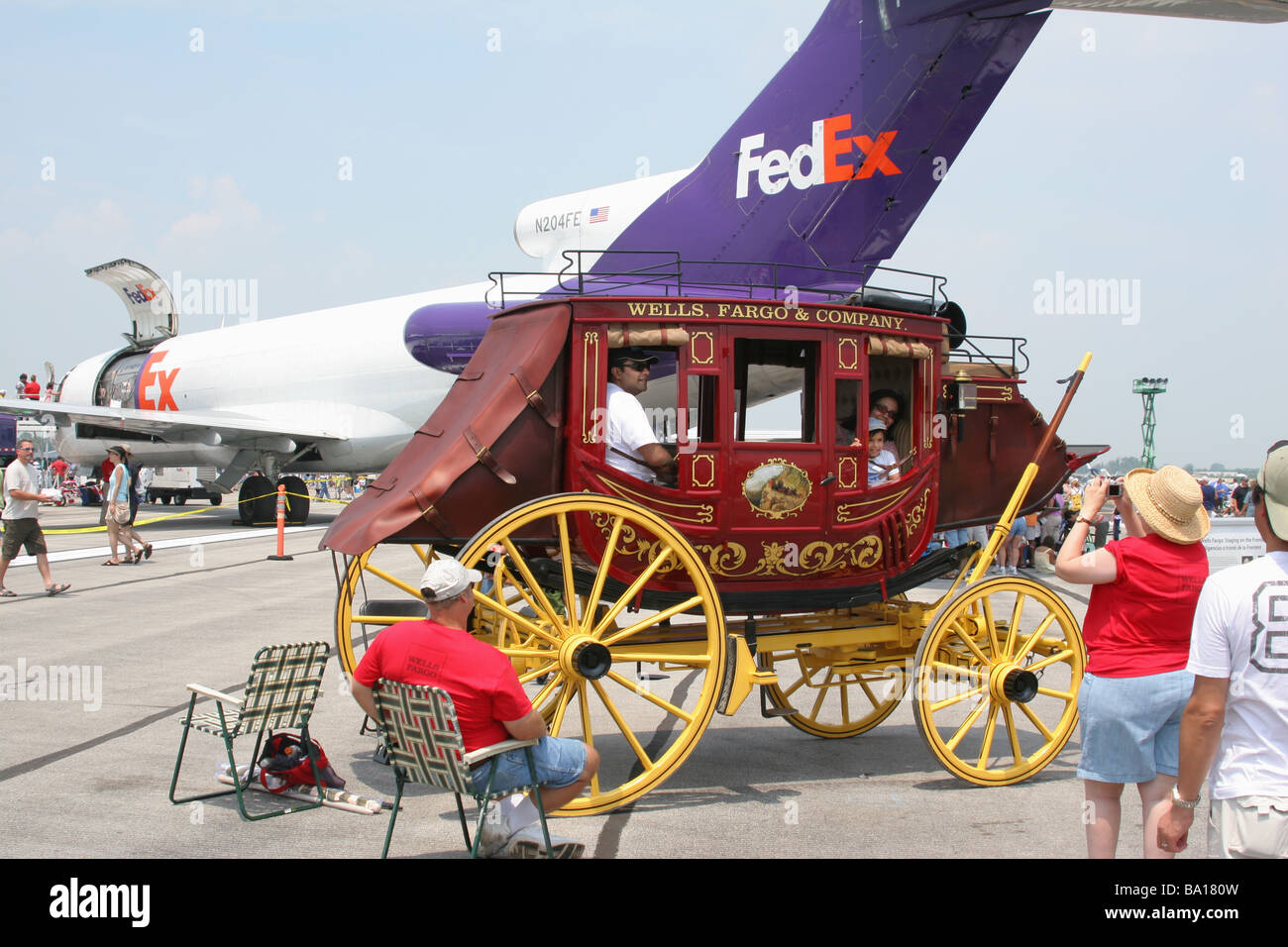 Wells Fargo and Company Stage Coach with FedEx Cargo Airplane Displayed at Dayton Air Show Vandalia Ohio Stock Photo