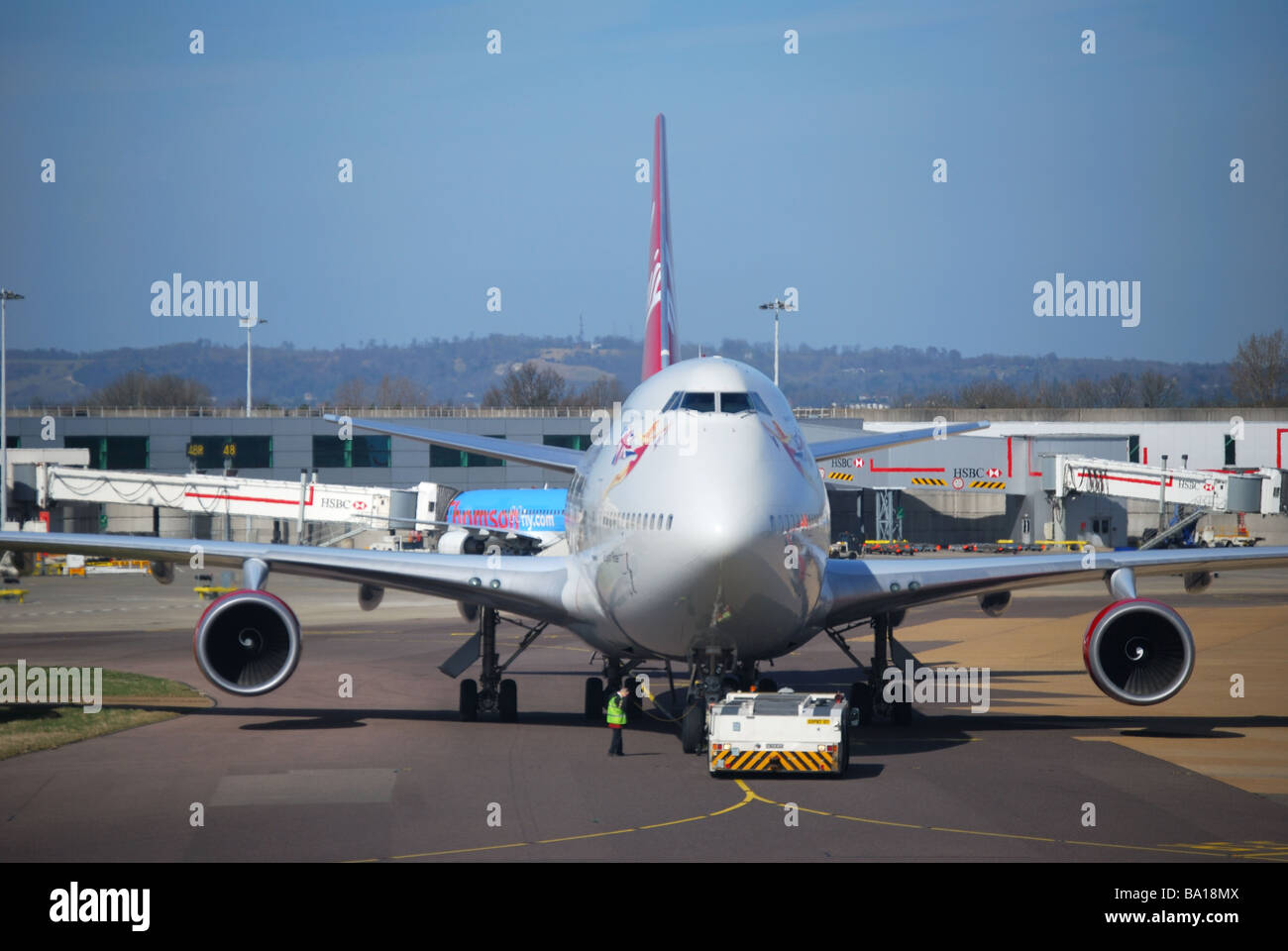 Virgin Atlantic Boeing 747-400 Jumbo jet, South Terminal, Gatwick Airport, Crawley, West Sussex, England, United Kingdom Stock Photo