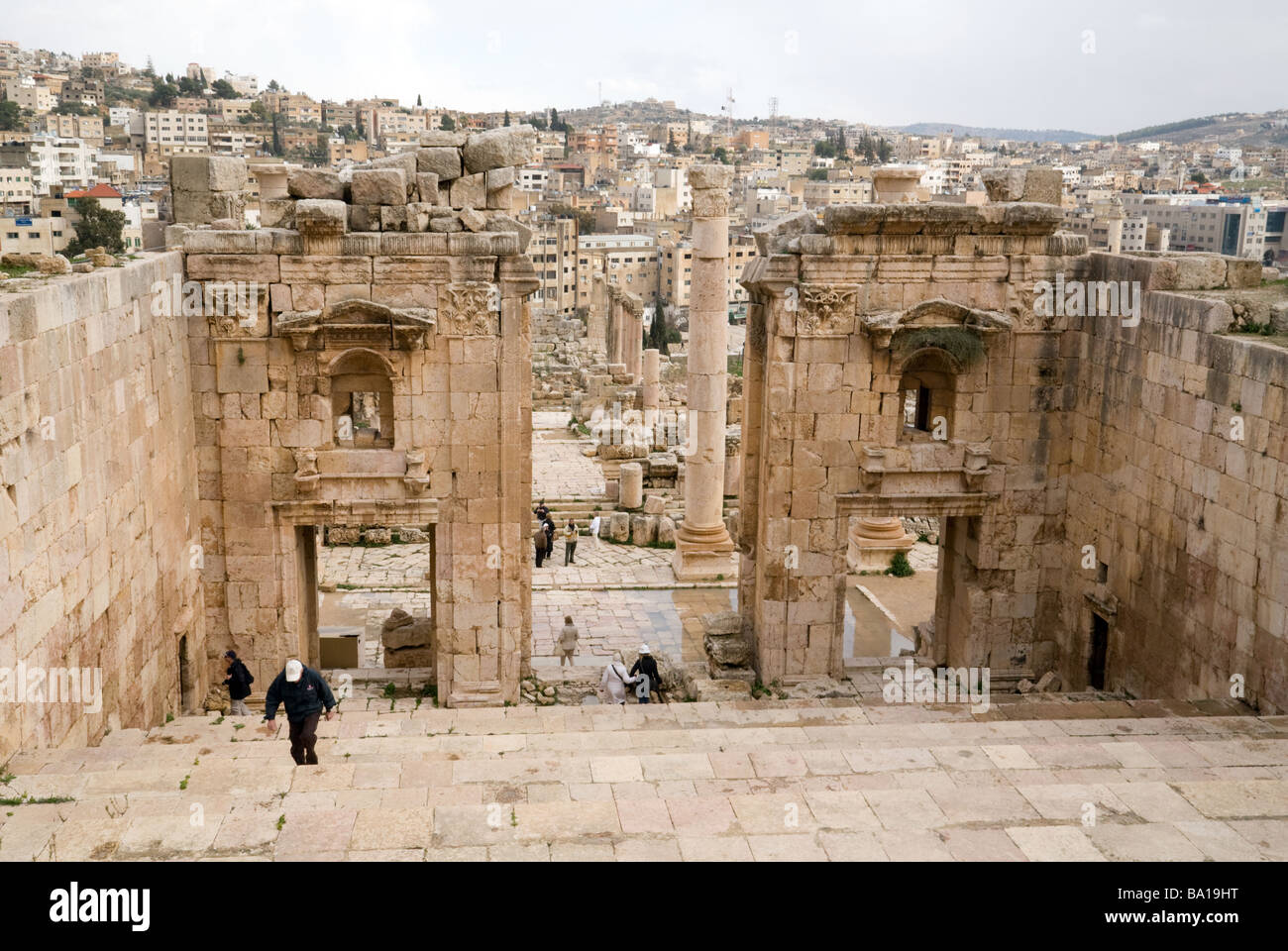 Looking from the ancient roman town of Jerash towards the modern town, Jerash, Jordan Stock Photo