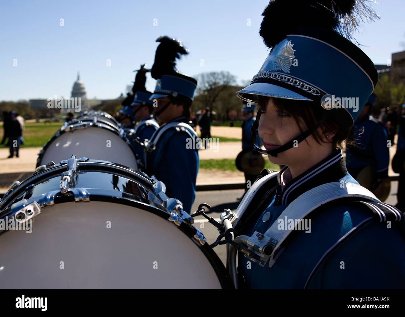 High school marching band drummers lined up for parade Stock Photo Alamy