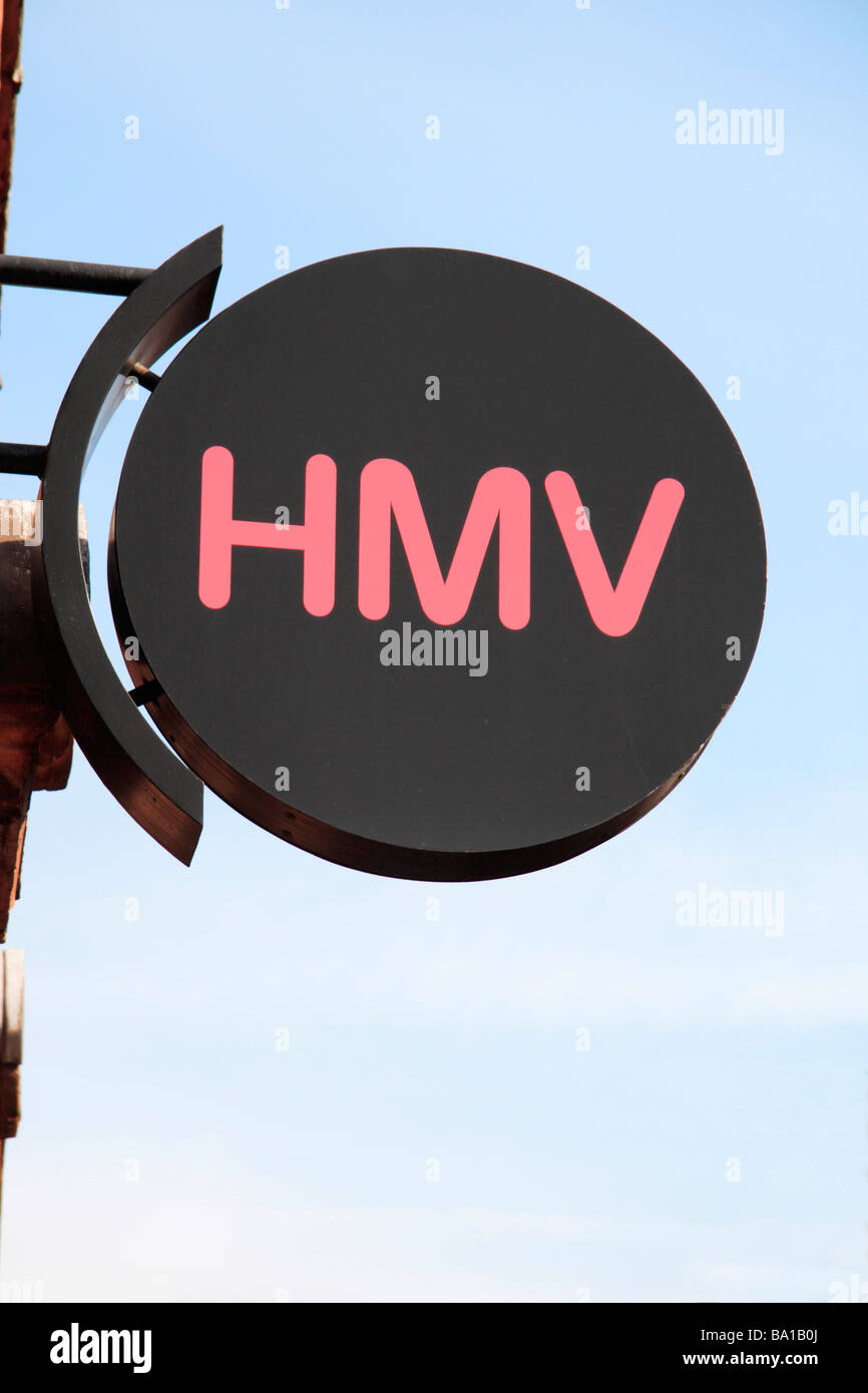 The sign above the entrance to the HMV music shop in Richmond, Surrey, UK. Mar 2009 Stock Photo