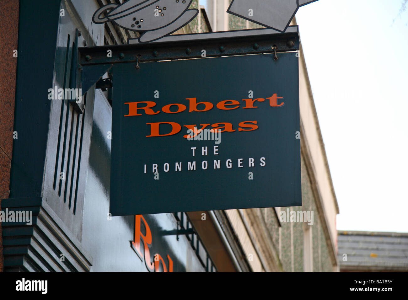 The sign above the shop front of the Robert Dyas ironmongers shop in Richmond Surrey, UK. Stock Photo