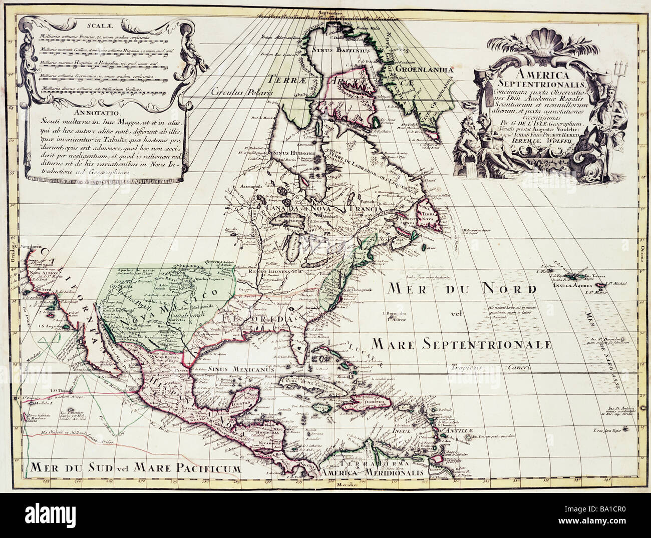 cartography, maps, North America, map by Guillaume de l'Isle (1675 - 1726), copper engraving, coloured, by Jeremias Wolff, Augsburg, Germany, circa 1710, Artist's Copyright has not to be cleared Stock Photo