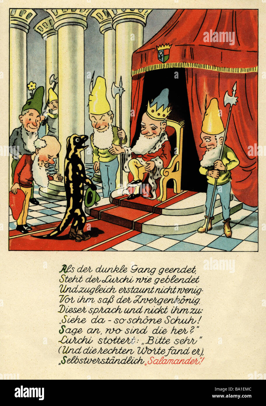 advertising, fashion, Salamander, booklet, 'Lurchis Abenteuer - Das lustige Salamanderbuch' ('Lurchis adventures'), part 1, 1937, Lurchi and the King of Dwarfs,  , Stock Photo