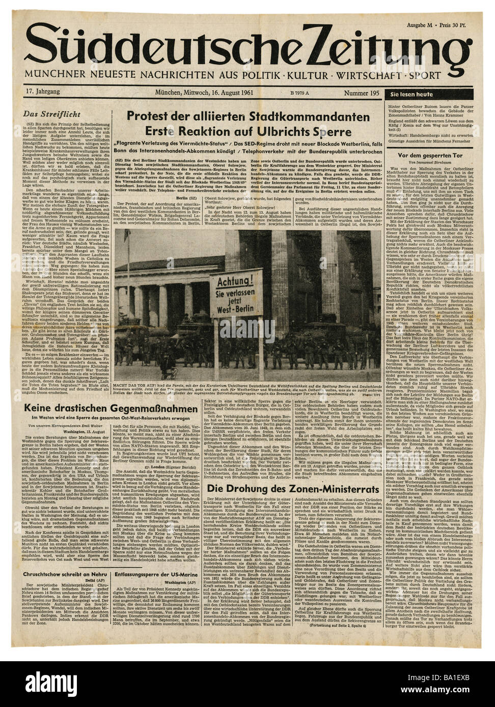 press/media, magazines, 'Süddeutsche Zeitung', Munich, 17 volume, number 195, Wednesday 16.8.1961, title, allied town majors protesting against building of Berlin wall, Stock Photo
