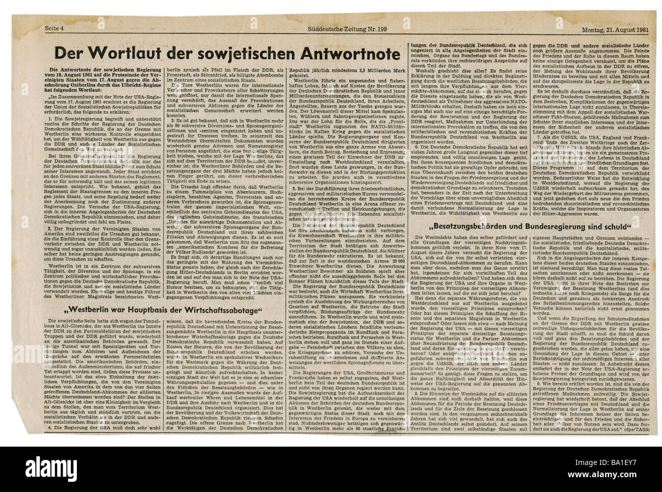 press/media, magazines, 'Süddeutsche Zeitung', Munich, 17 volume, number 199, Monday 21.8.1961, article, Soviet answer to Western protests against blockade of West Berlin, Stock Photo
