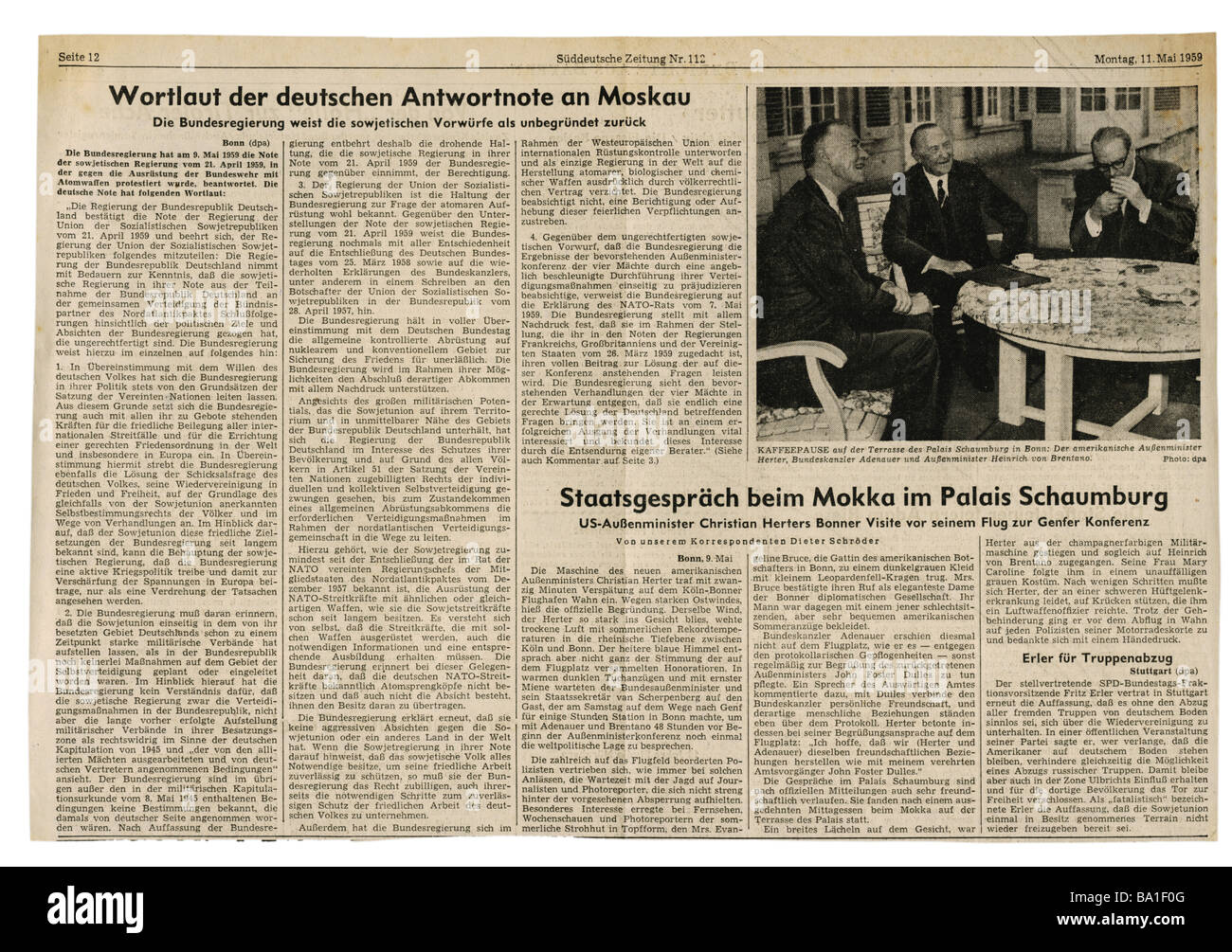 press/media, magazines, 'Süddeutsche Zeitung', Munich, 15 volume, number 112, Monday 11.5.1959, article, German answer to Moscow about allegations of Bundeswehr possessing atomic weapons, Stock Photo