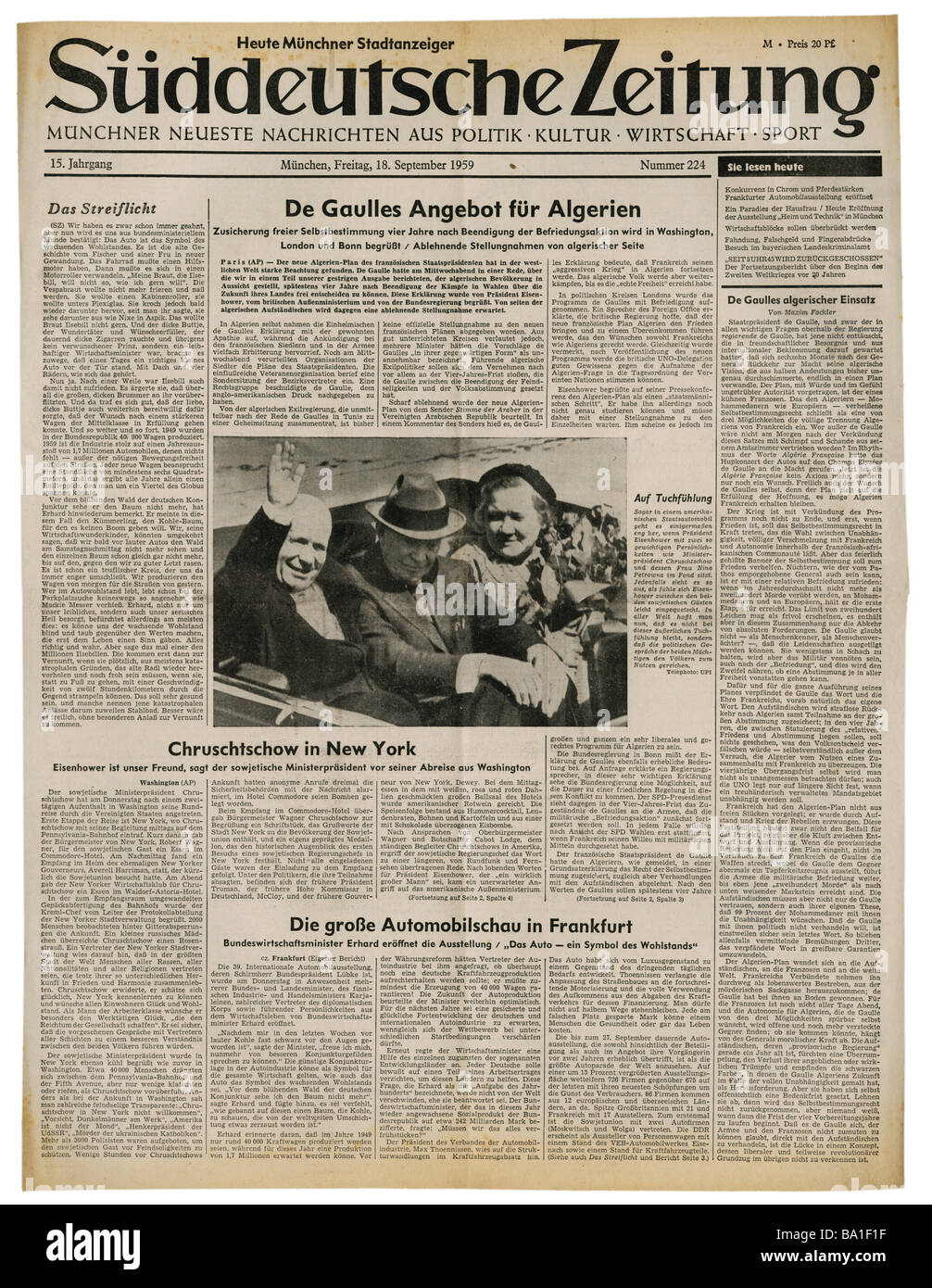 press/media, magazines, 'Süddeutsche Zeitung', Munich, 15 volume, number 224, Friday 18.9.1959, title, de Gaulle propsal for future of Algeria and Khrushchev visit in USA, Stock Photo
