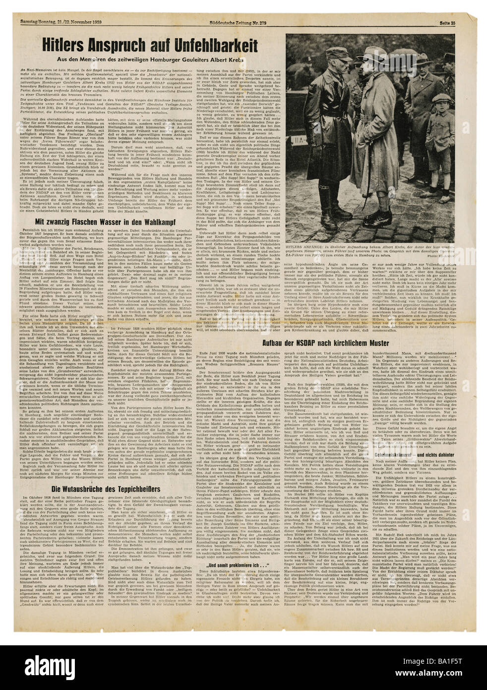 press/media, magazines, 'Süddeutsche Zeitung', Munich, 15 volume, number 279, Saturday / Sunday 21. / 22.11.1959, article, excerpts of memoirs of former NSDAP Gauleiter Albert Krebs, Stock Photo