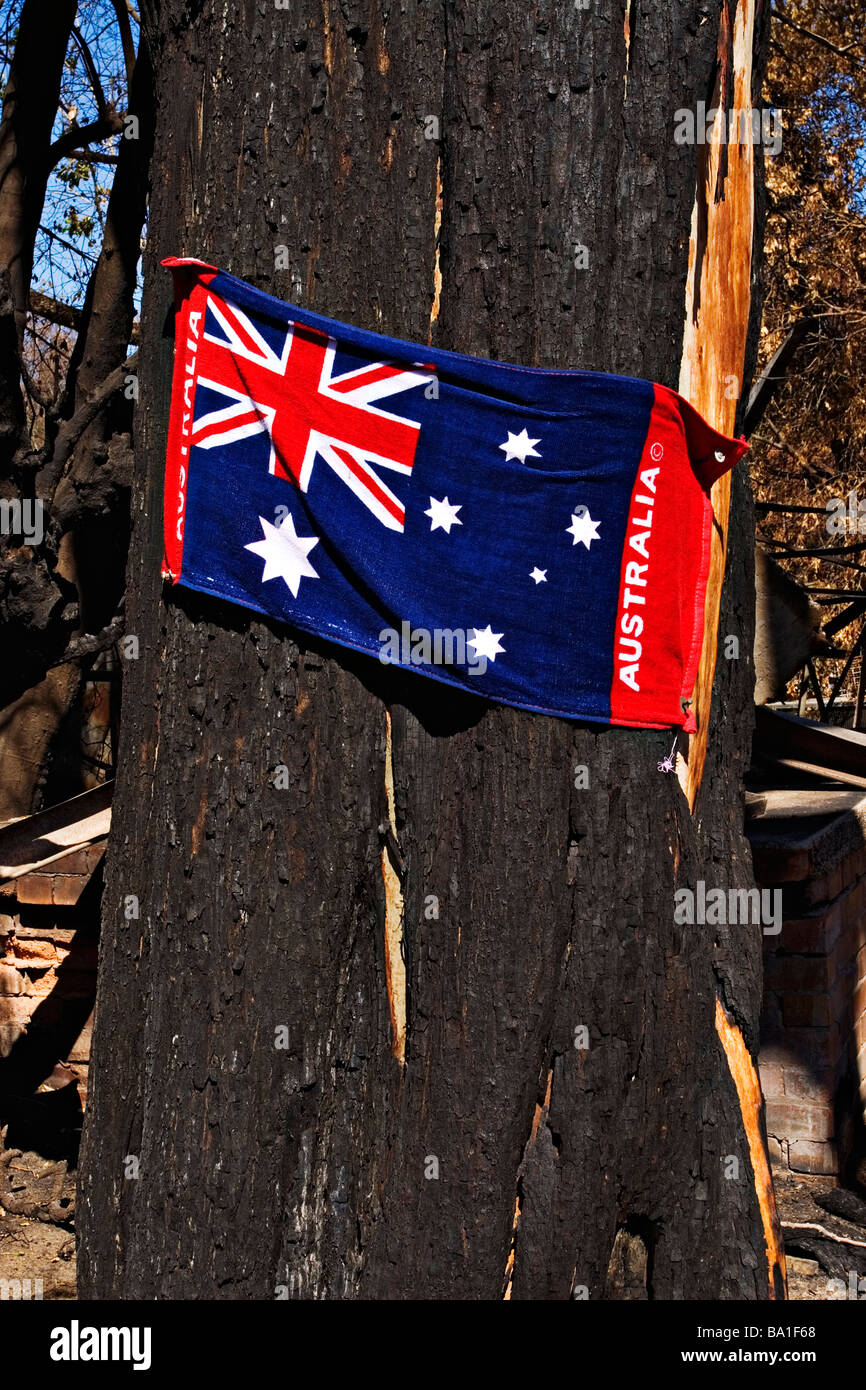 Bush Fires Australia / An  Australian flag nailed to a charred tree.Kinglake Victoria Australia. Stock Photo