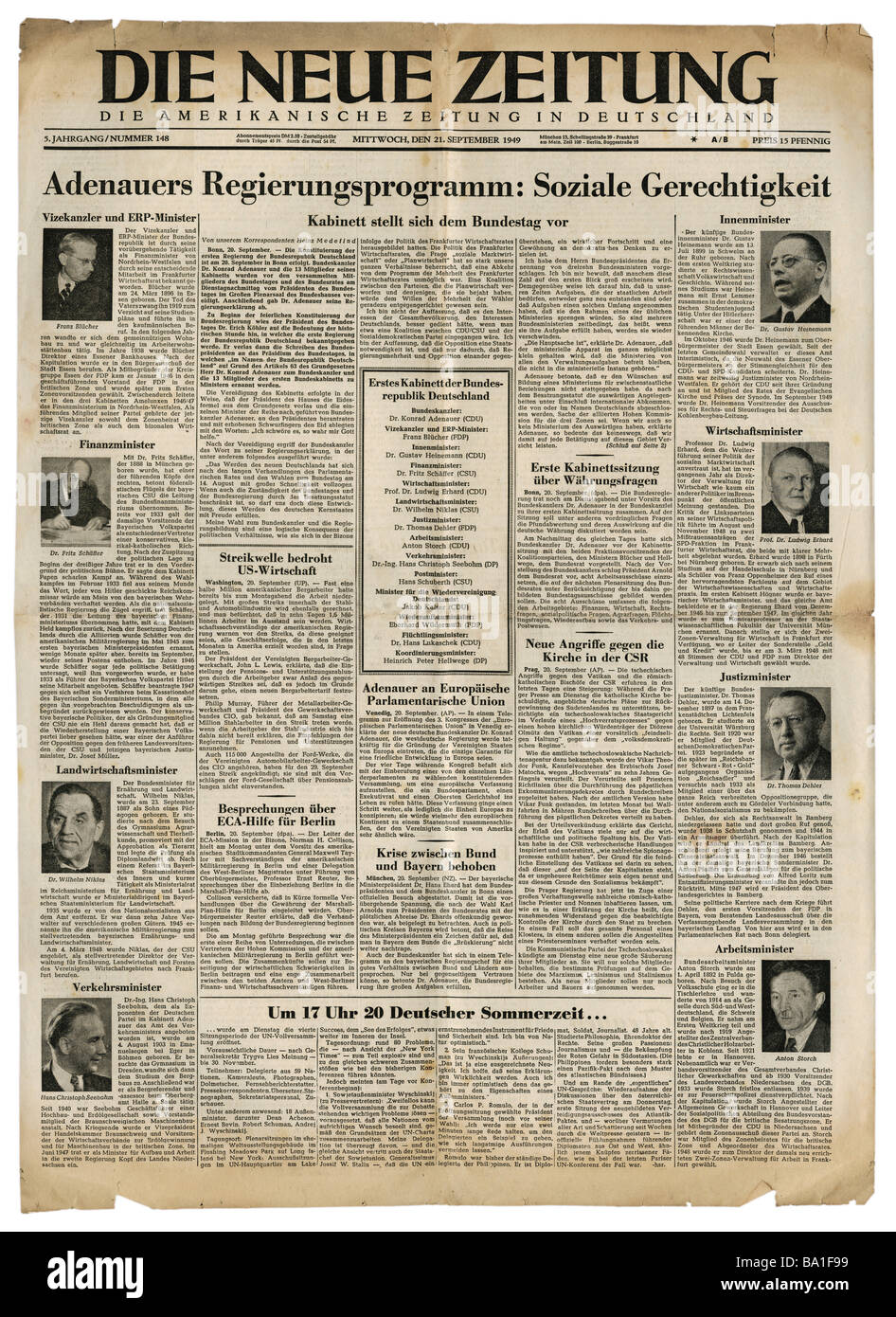 press/media, magazines, 'Die Neue Zeitung', Munich, 5 volume, number 148, Wednesday 21.9.1959, title, formation of first German government after war, , Stock Photo