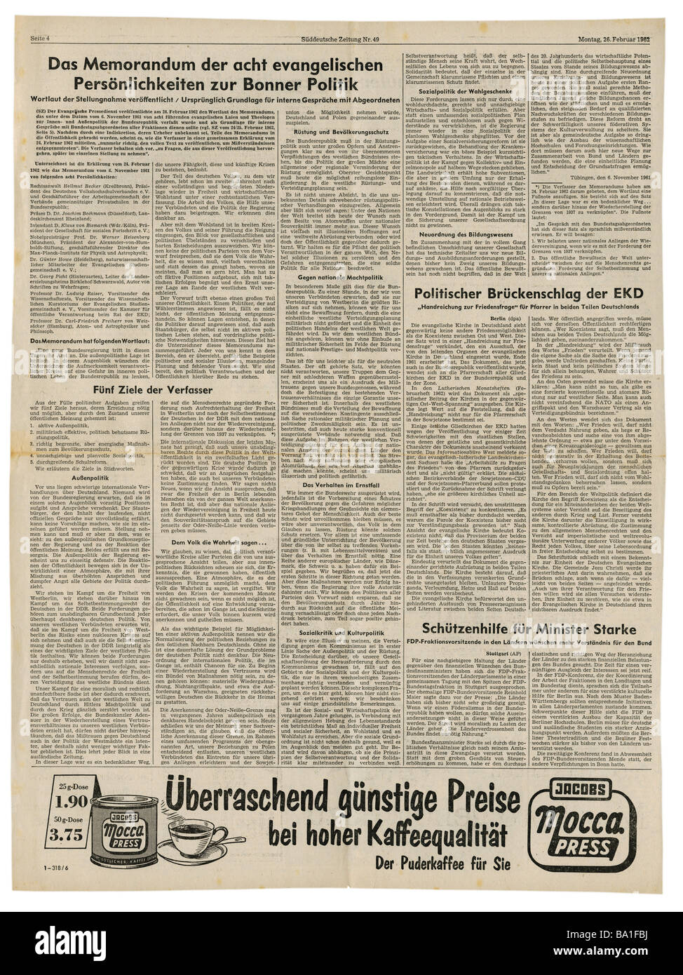 press/media, magazines, 'Süddeutsche Zeitung', Munich, 18 volume, number 49, Monday 26.2.1962, article, eight protestant notabilities submitting memorandum on German policy, Stock Photo