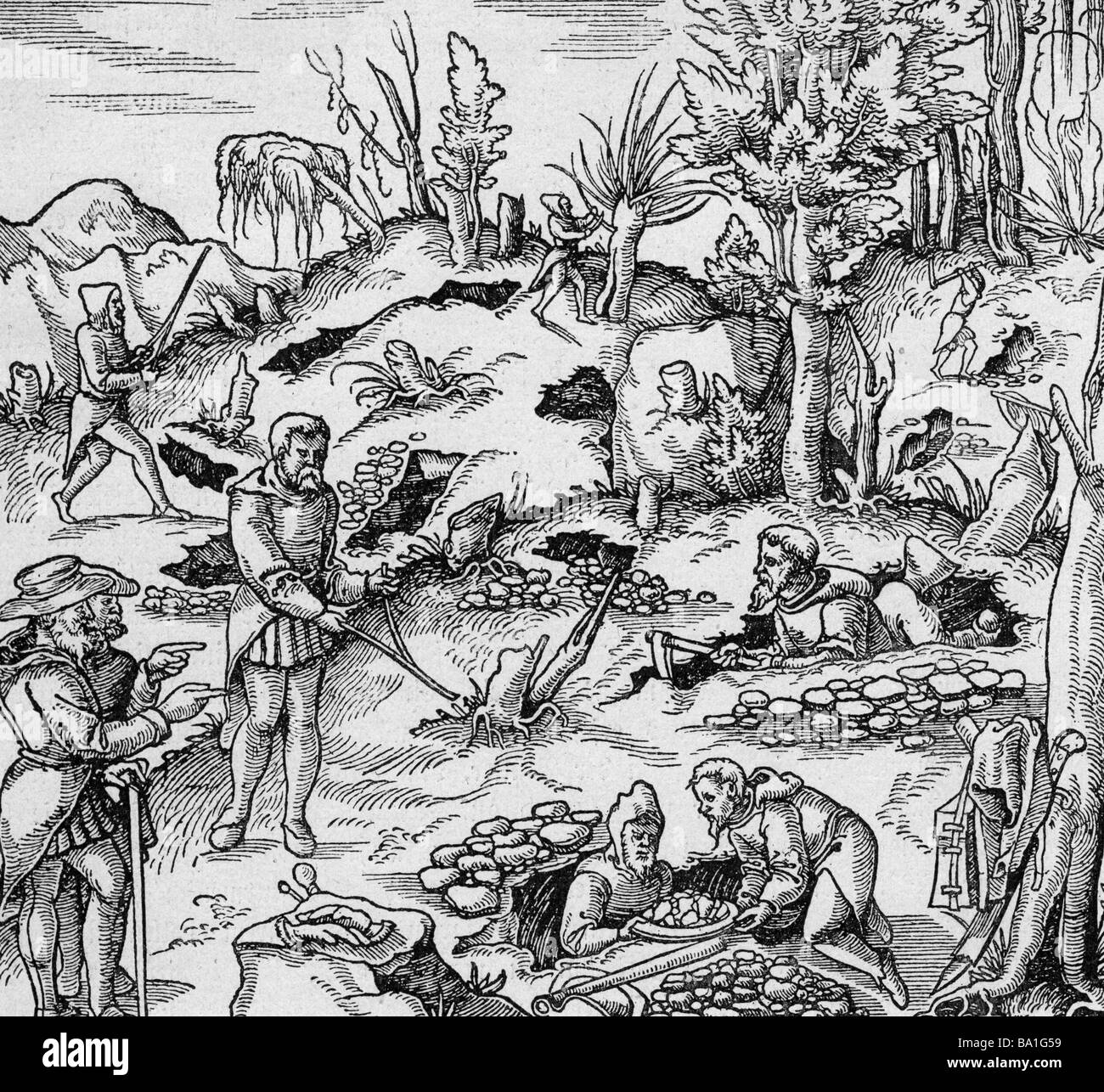 mining, exploration of deposits, coloured woodcut, 