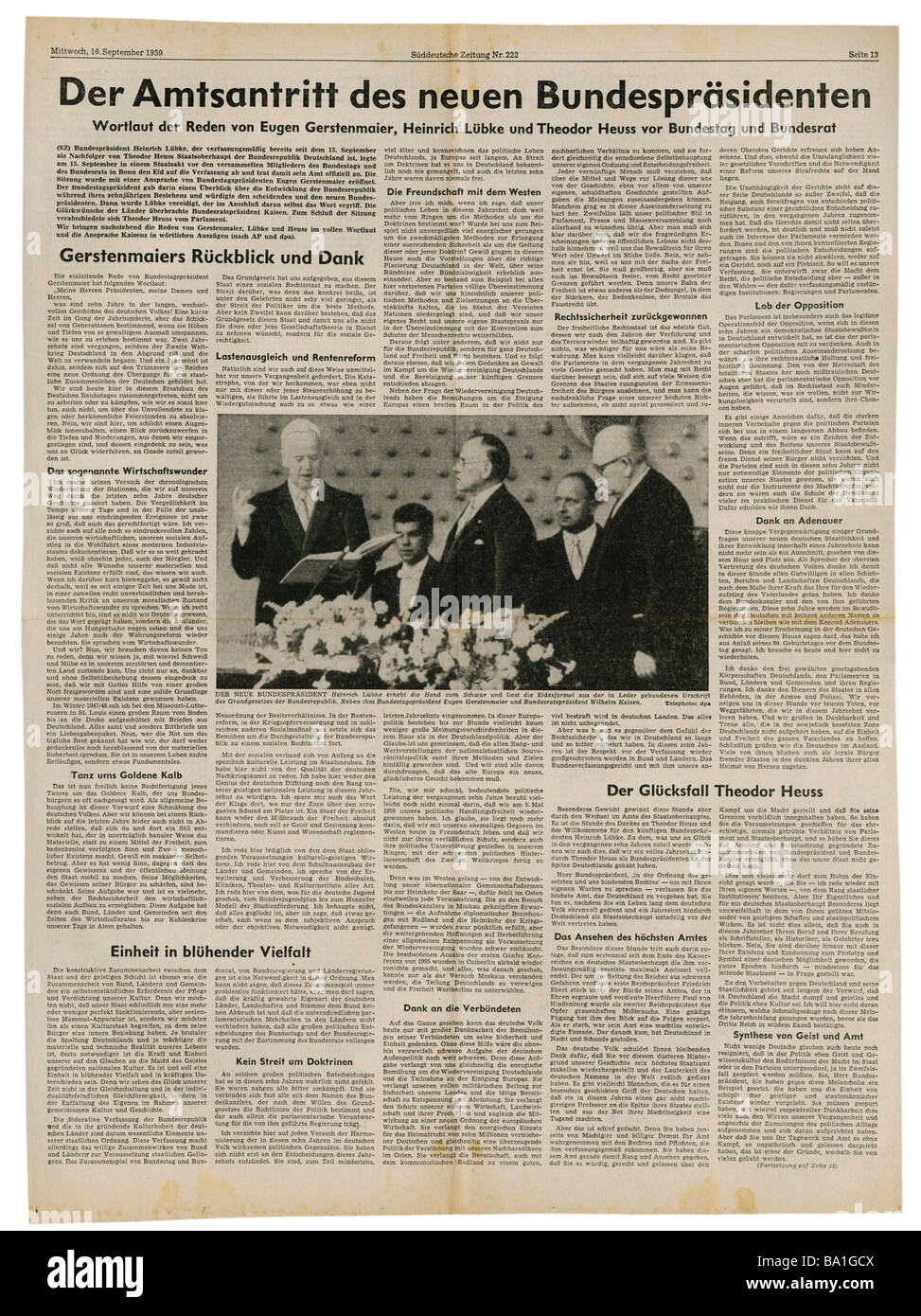 press/media, magazines, 'Süddeutsche Zeitung', Munich, 15 volume, number 222, Wednesday 16.9.1959, article, swearing-in of Heinrich Lübke as president of Germany, Stock Photo