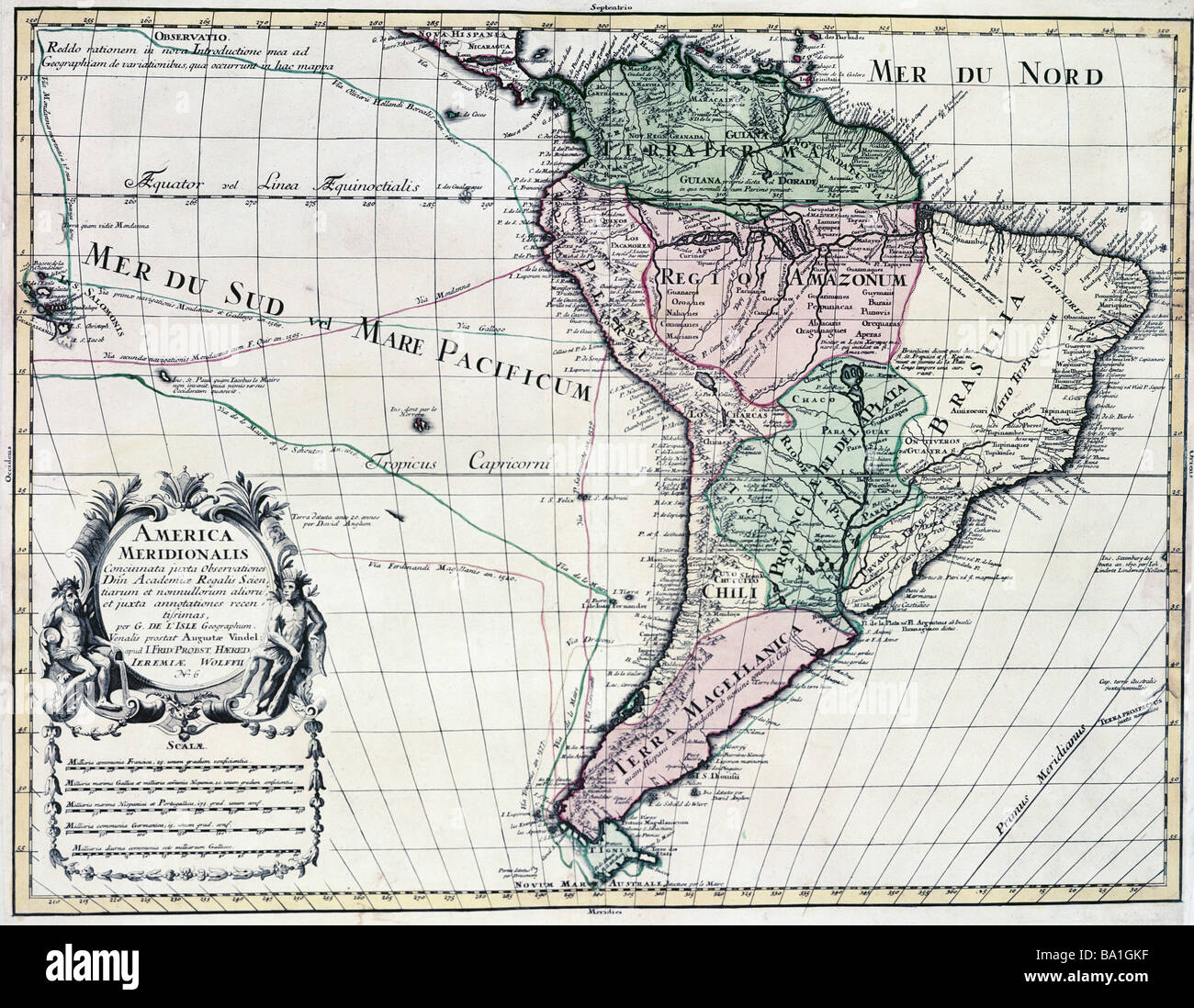 cartography, maps, South America, map by Guillaume de l'Isle (1675 - 1726), copper engraving, coloured, by Jeremias Wolff, Augsburg, Germany, circa 1710, Artist's Copyright has not to be cleared Stock Photo