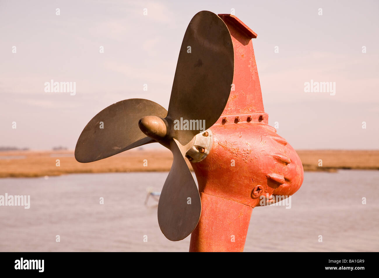 propeller of a dredger rotated vertically out of the water Stock Photo