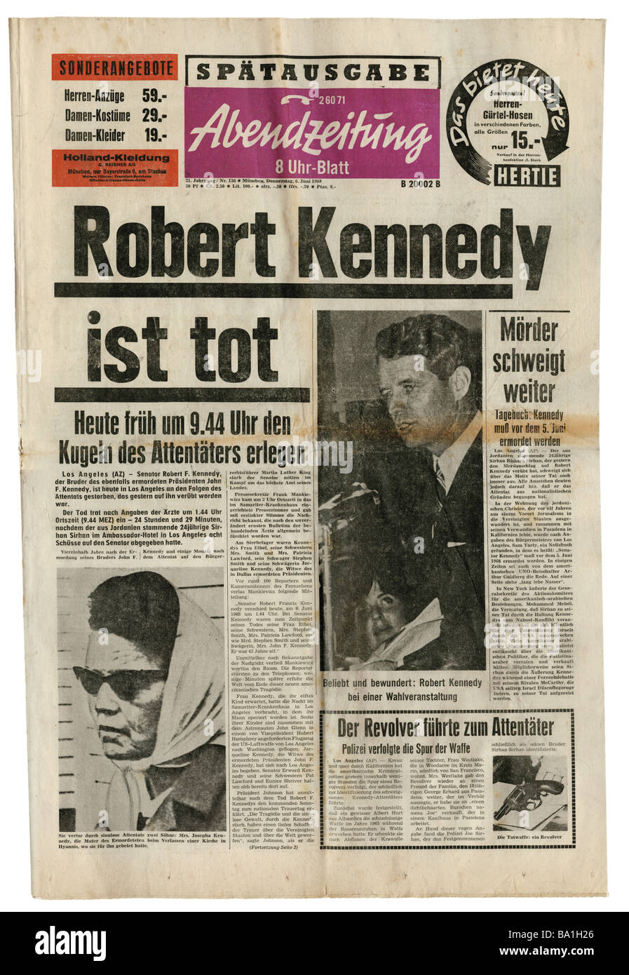 press/media, magazines, 'Abendzeitung', Munich, 21 volume, number 136, Thursday 6.6.1968, title, death of Robert Kennedy, Stock Photo