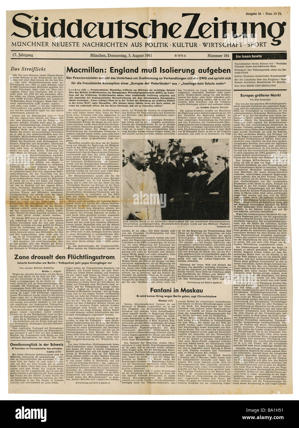 press/media, magazines, 'Süddeutsche Zeitung', Munich, 17 volume, number 184, Thursday 3.8.1961, title, Macmillan pleading for end of English isolation in Europe, , Stock Photo