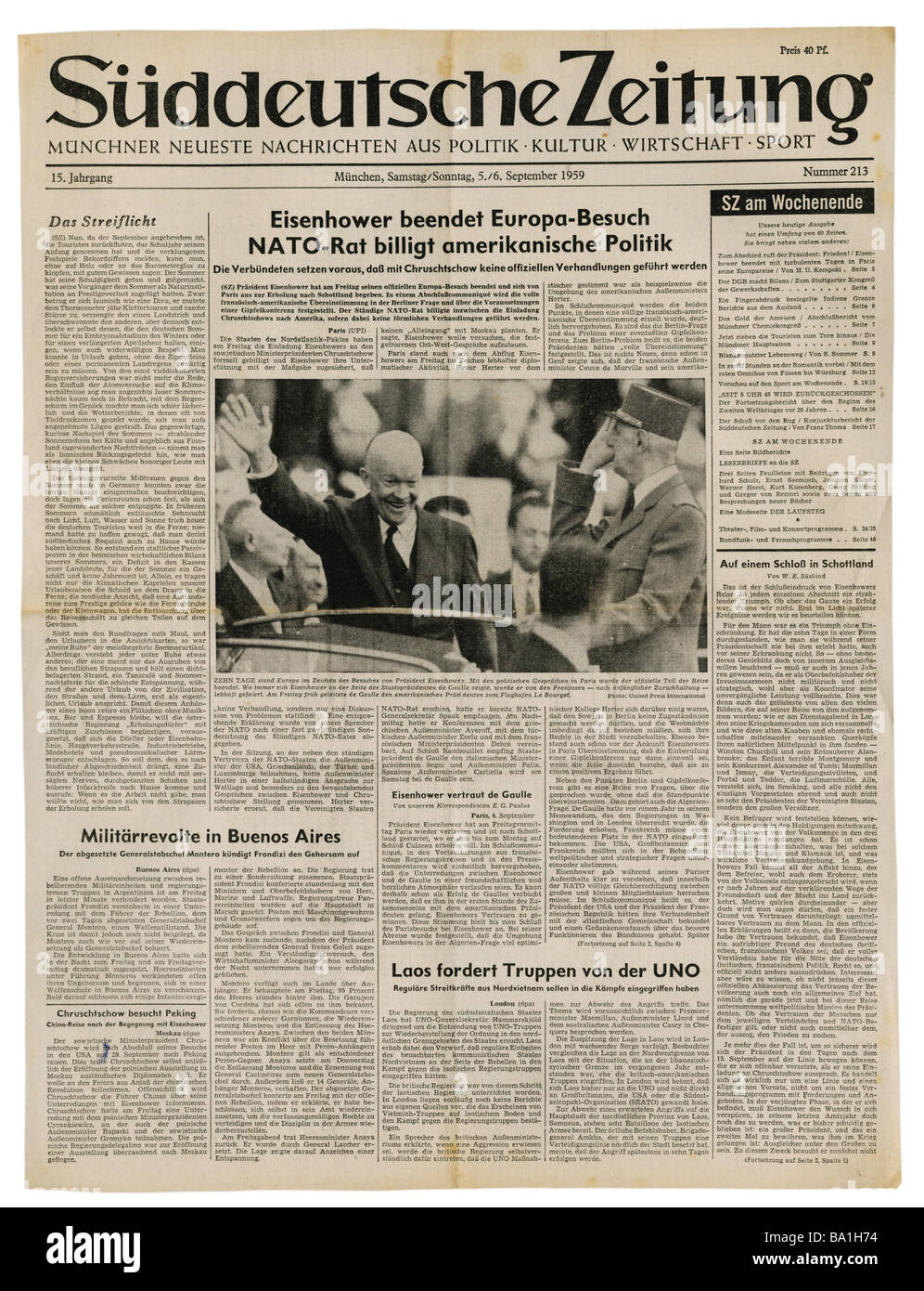 press/media, magazines, 'Süddeutsche Zeitung', Munich, 15 volume, number 213, Saturday / Sunday 5. / 6.9.1959, title, Eisenhower finishing visit to Europe - NATO council sanctioning American policy, Stock Photo