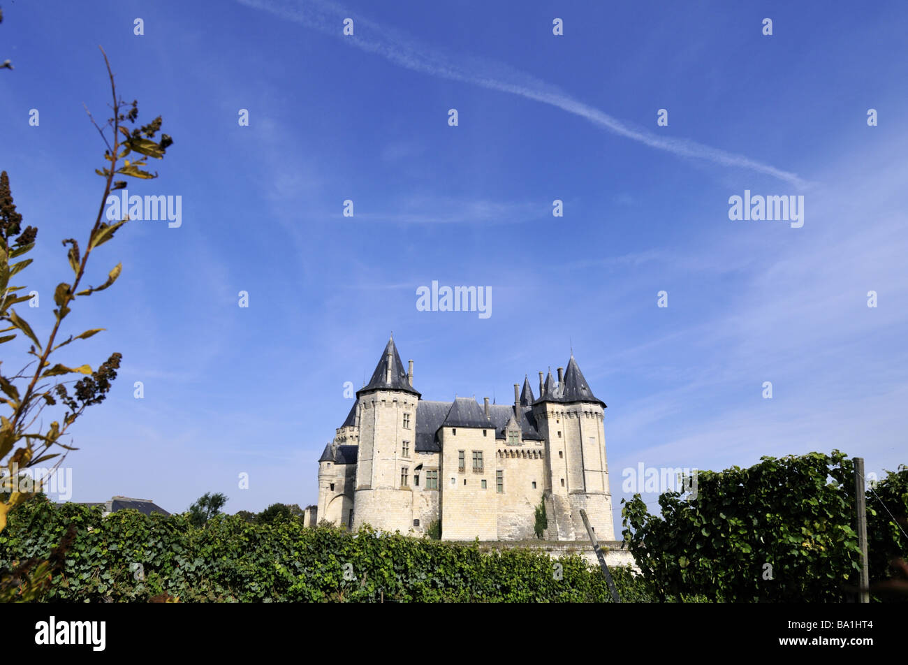 Saumur castle in the French Loire valley was built in the 10th century. It was depicted in the medieval Book of Hours. Stock Photo