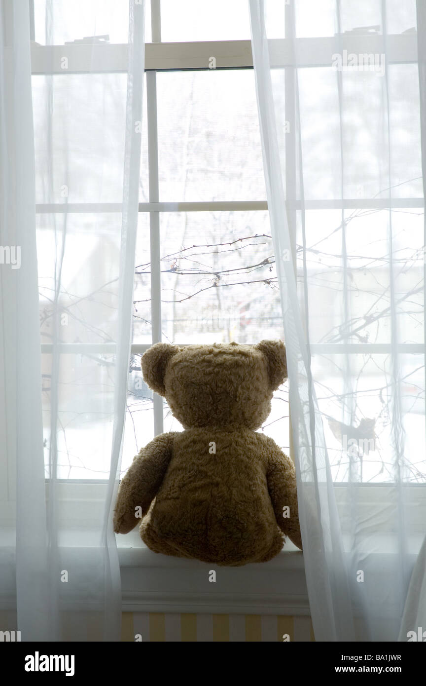 Teddy bear sitting in the window Stock Photo - Alamy