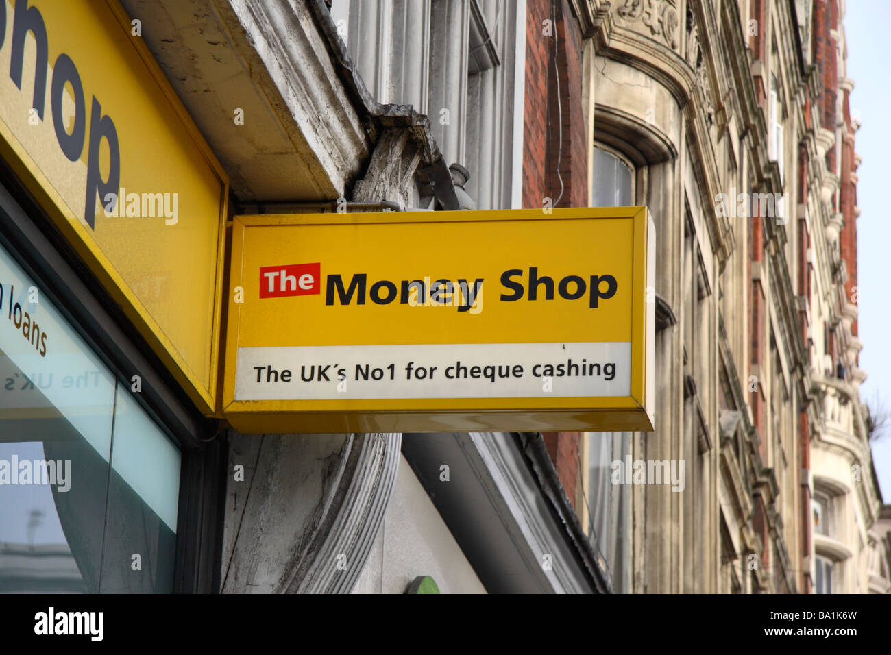 The sign above the entrance to the The Money Shop cheque cashing and pawn broker store on the Edgware Road,  London. Mar 2009 Stock Photo