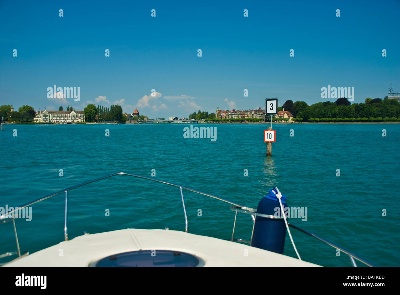 Bow of powerboat approaching Konstanz Lake Constance Germany | Bug einer Yacht vor Konstanz Bodensee Stock Photo