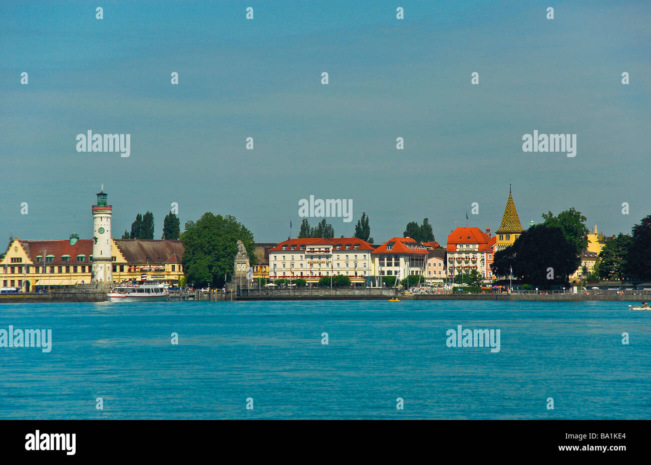 Lindau old town and harbor entrance with ferryboat Lake Constance Germany | Lindau Altstadt Hafen und Fähre Bodensee Stock Photo