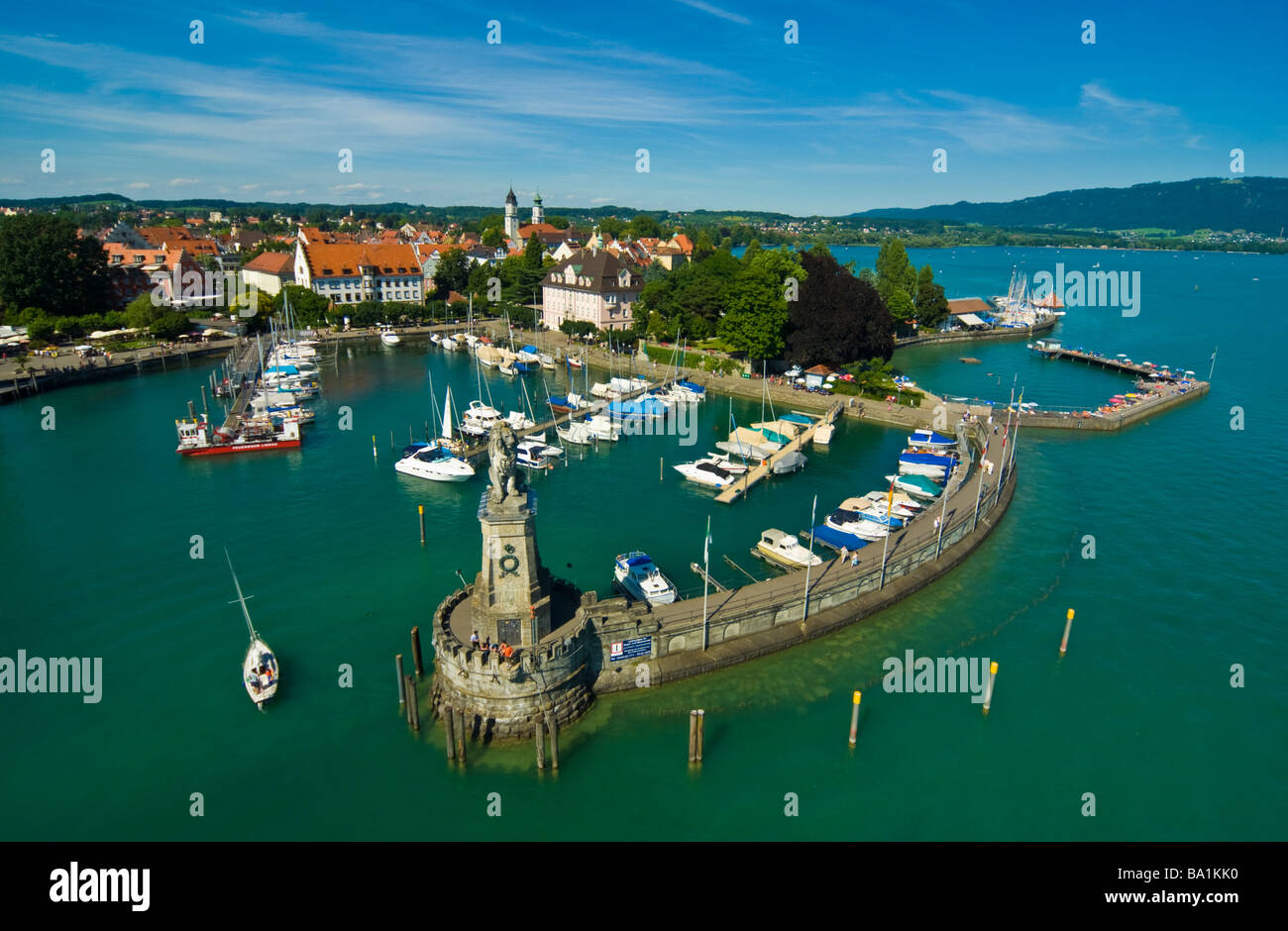 Yacht harbor and historical old town in Lindau Lake Constanze Germany | Hafen von Lindau Altstadt Bodensee, Bayern, Deutschland Stock Photo
