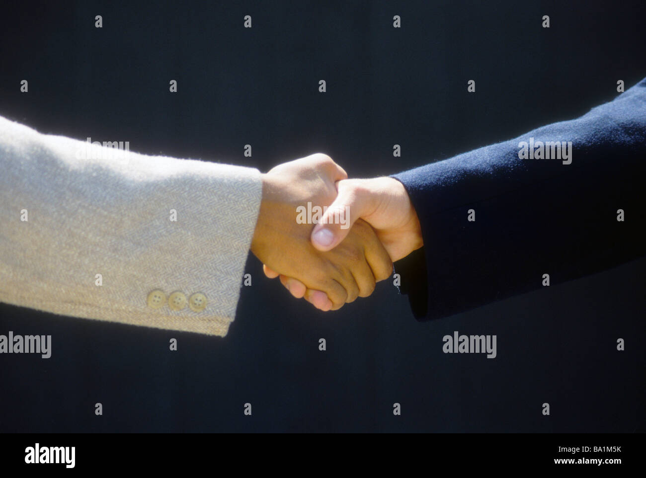 Hispanic hand shake Anglo white agree deal friend business deal commerce Stock Photo
