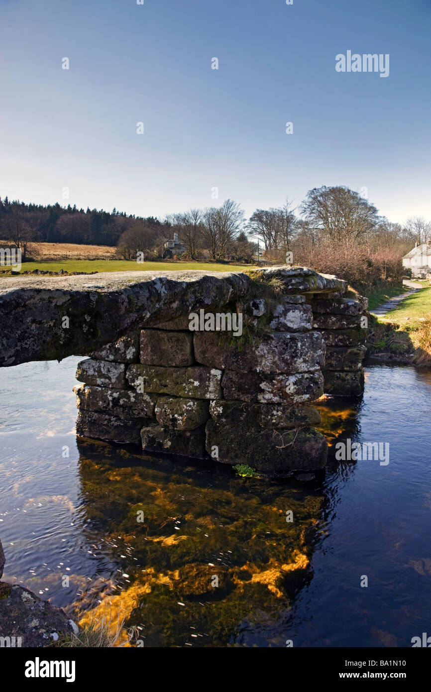 Ancient clapper bridge at Postbridge in Dartmoor National Park, Devon. England Stock Photo