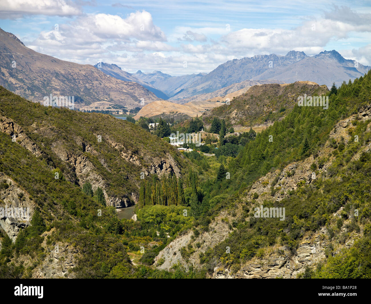 View towards Arrowtown, Lake Hayes and the Remarkables, New Zealand Stock Photo