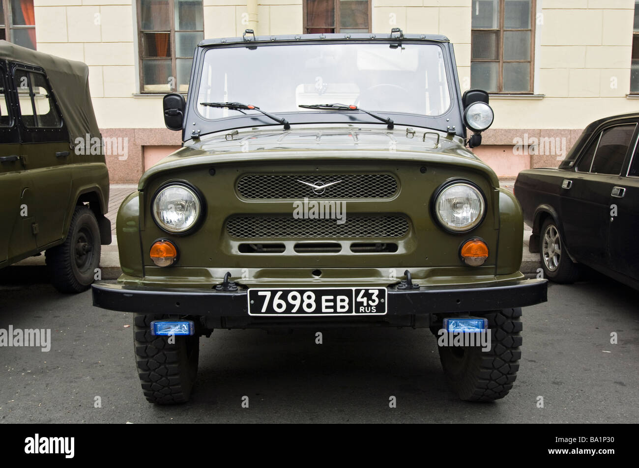 UAZ 4x4 Military Vehicle parked near the State Hermitage Museum. Saint Petersburg, Russia. Stock Photo