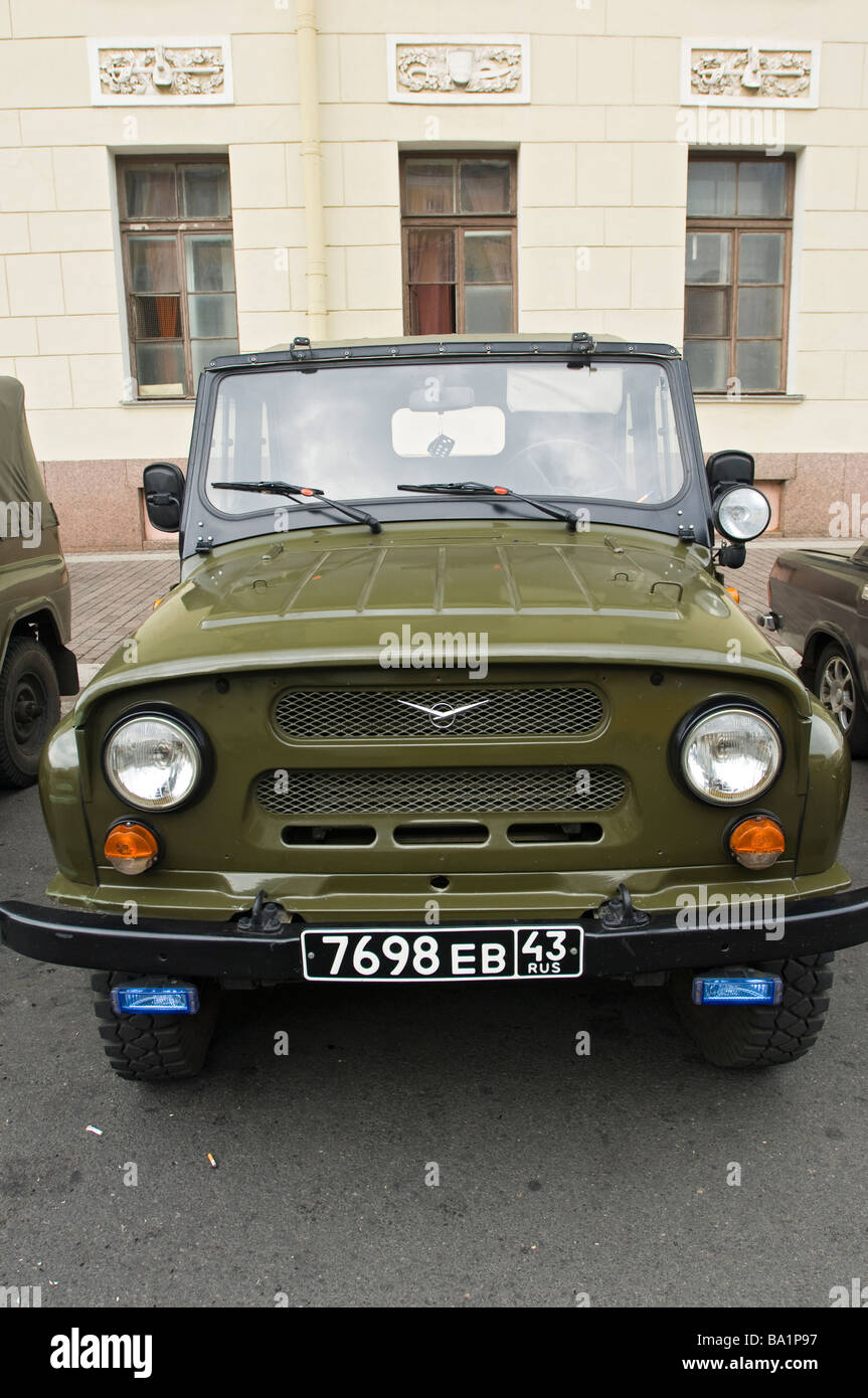UAZ 4x4 Military Vehicle parked near the State Hermitage Museum. Saint Petersburg, Russia. Stock Photo