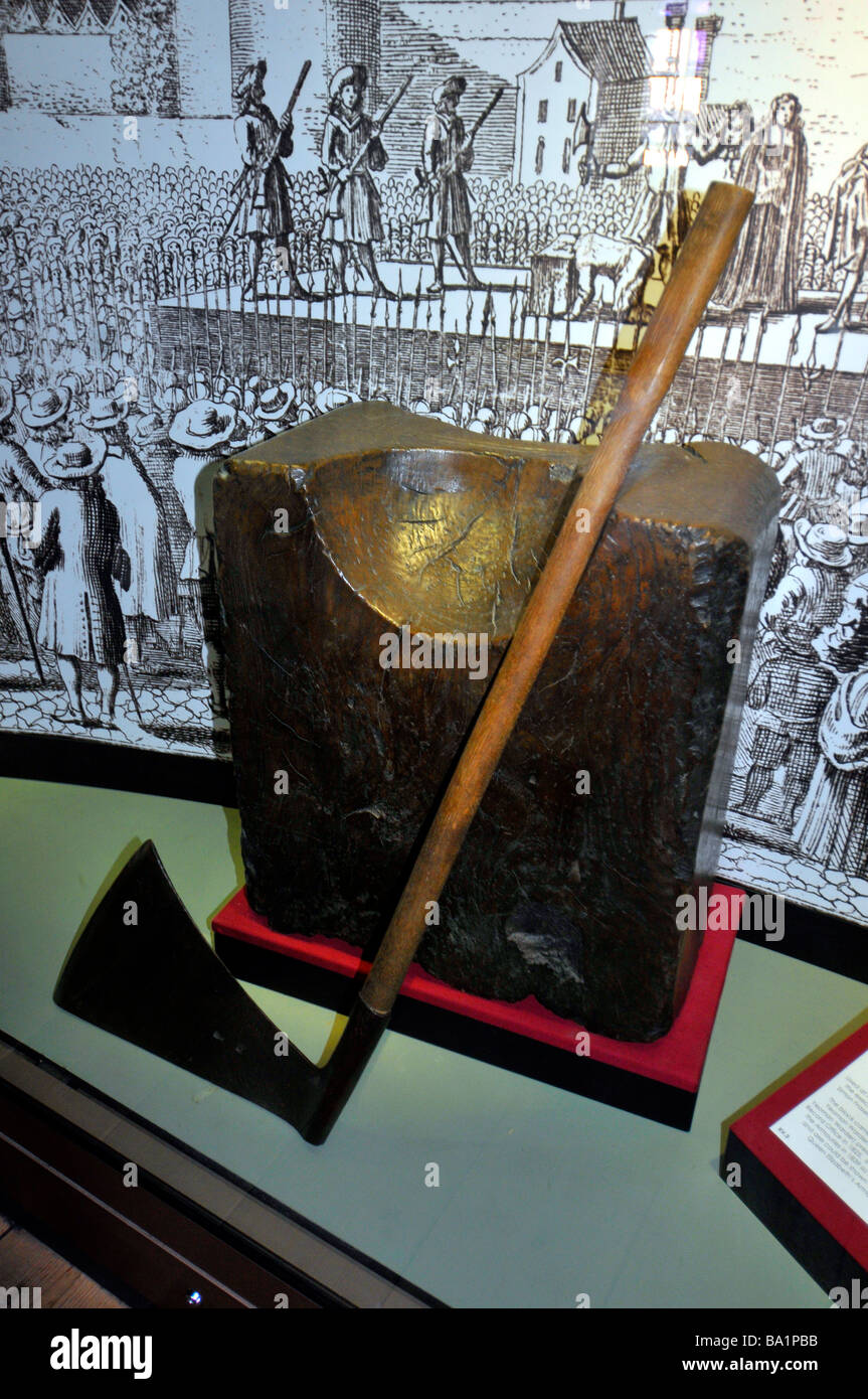 Execution block and axe on display in The White Tower at The Tower of London, Britain, UK Stock Photo